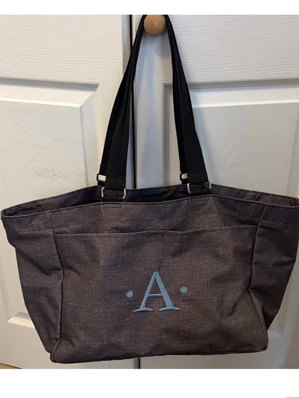 thirty-one Gray Tote Bag with Black Straps and Blue Monogram